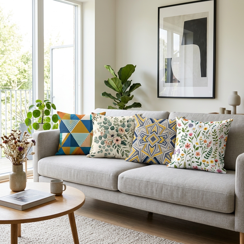 Printed cushions on sofa